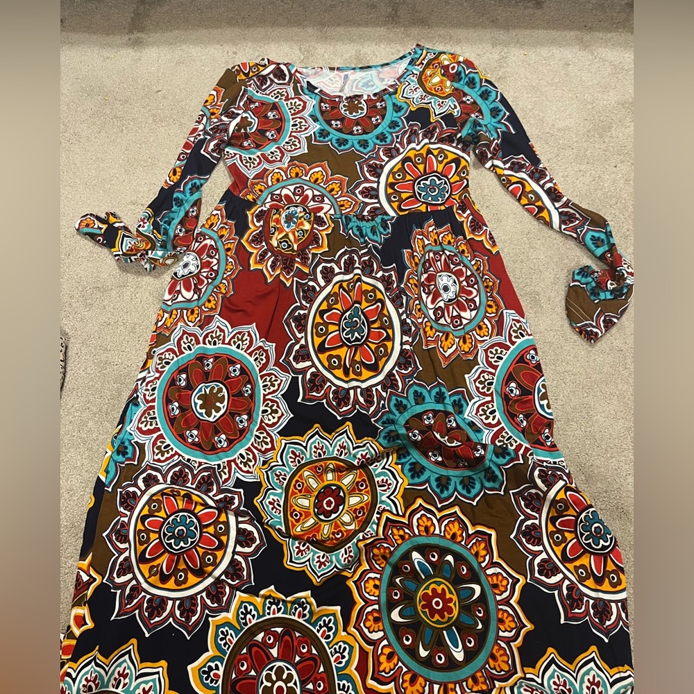 Colorful patterned, floor length long sleeve dress